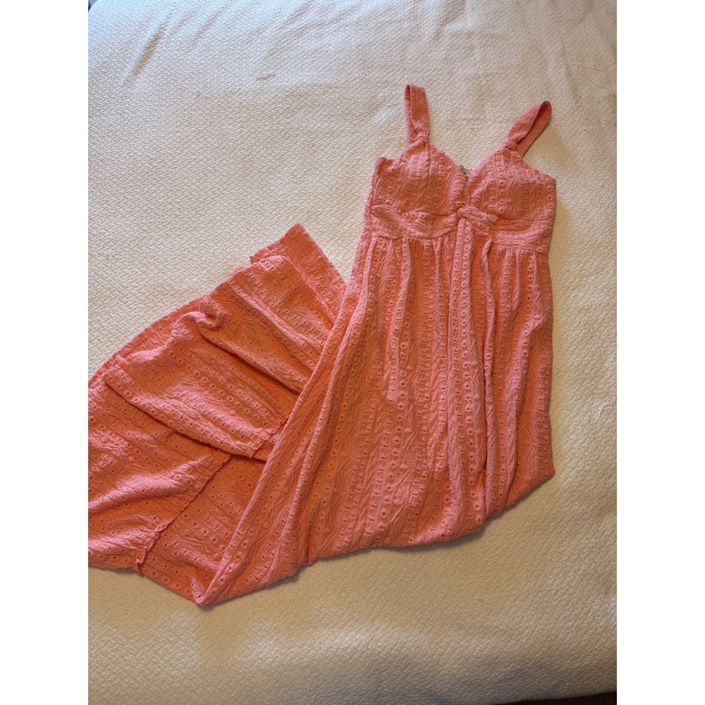 Harlow & Rose Coral Pink Eyelet Maxi Dress Small V-Neck Sleeveless Summer Boho